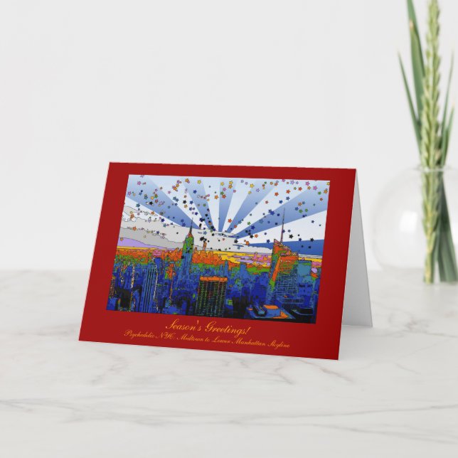 Cartes Pour Fêtes Annuelles NYC psychédélique : ESB Wide Skyline View Xmas (Devant)