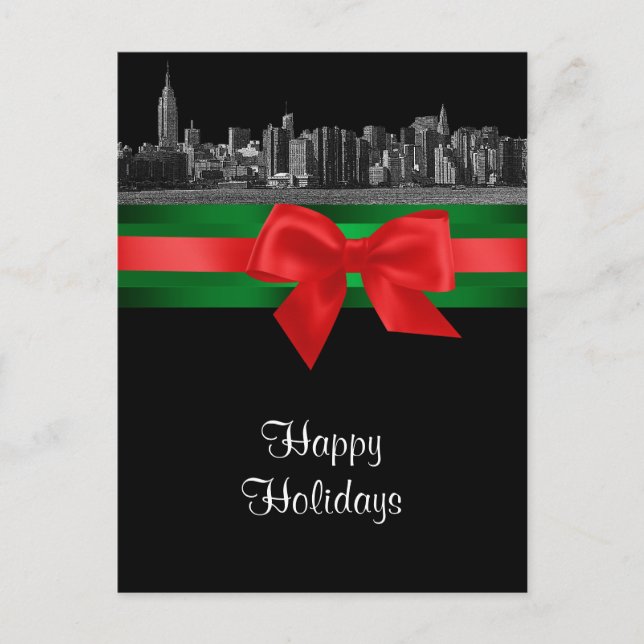 Cartes Pour Fêtes Annuelles NYC Wide Skyline Etched BW Christmas Holiday (Devant)