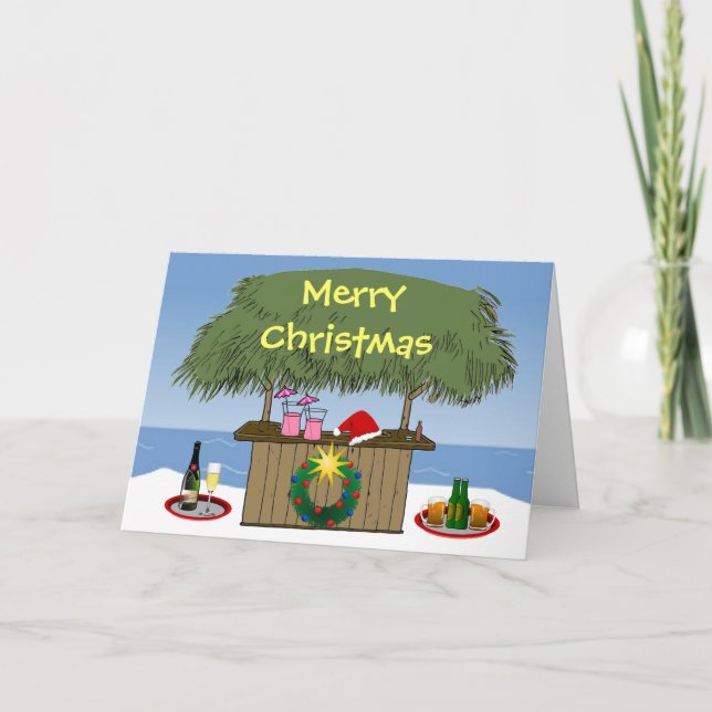 Cartes Pour Fêtes Annuelles Ocean Beach Tropical Tiki Hut Boissons Fun Noël (Devant)