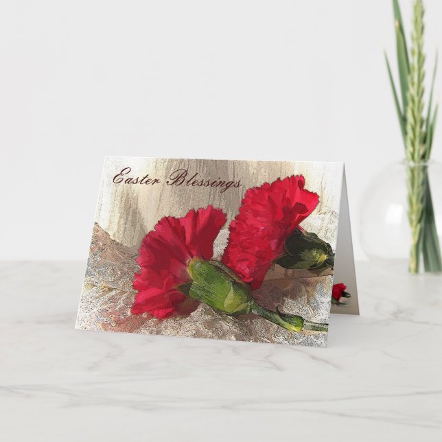 Cartes Pour Fêtes Annuelles Oeillets rouges sur Brocade Pâques (Devant)