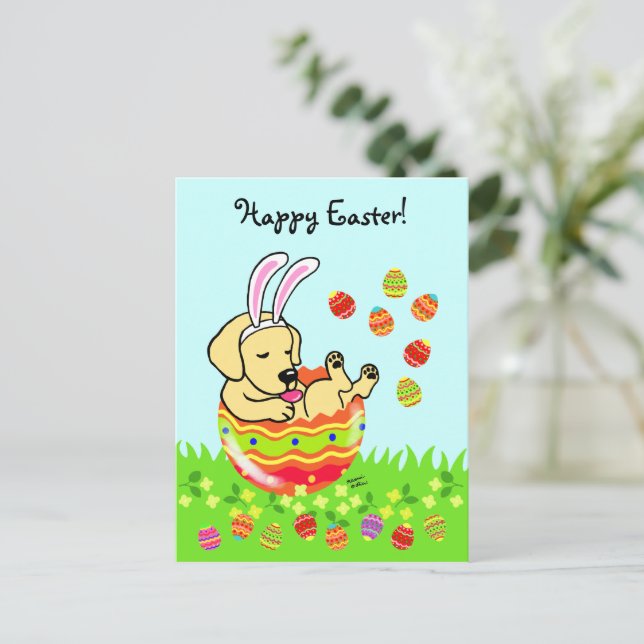 Cartes Pour Fêtes Annuelles Oeuf de Pâques Jaune Labrador Chiot caricature (Debout devant)