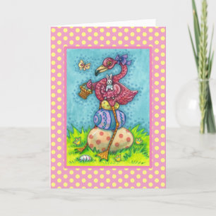 CARTES POUR FÊTES ANNUELLES OEUFS DE PÂQUES ET FLAMANT ROSE ROSE BÉBÉ AVEC BUN