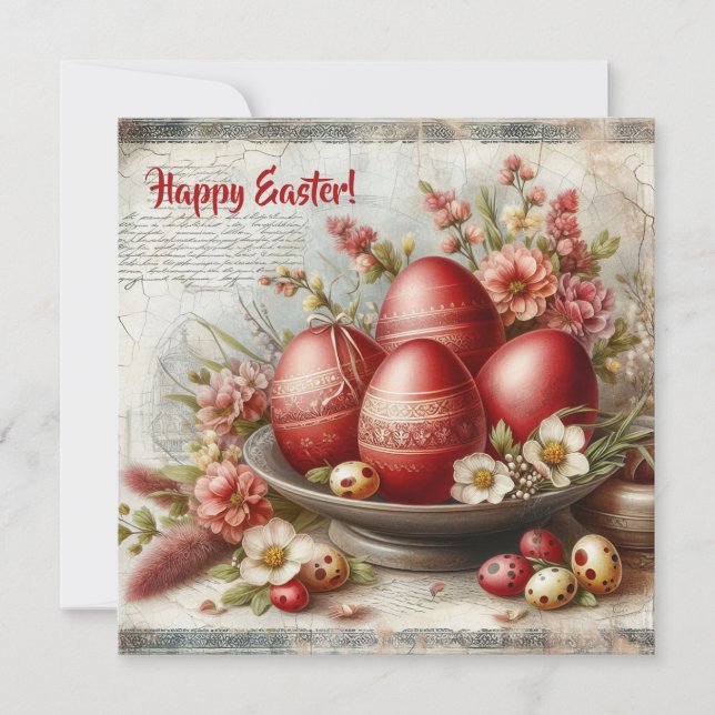 Cartes Pour Fêtes Annuelles OEufs de Pâques rouges rétro fleurs de printemps (Devant)