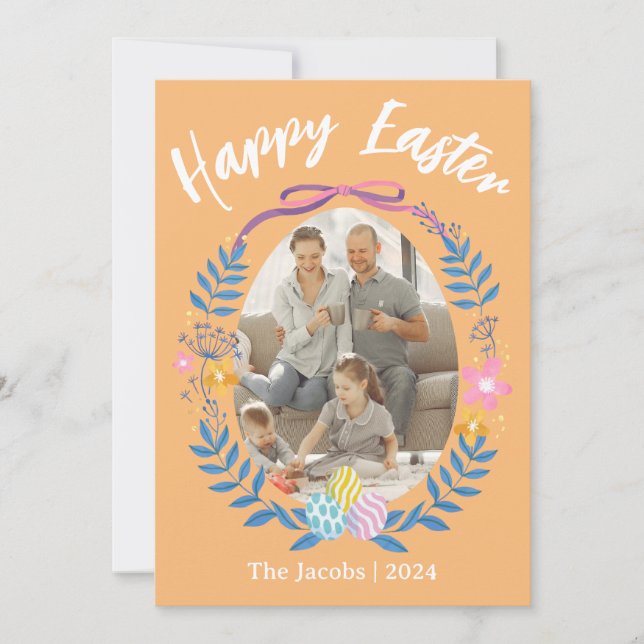 Cartes Pour Fêtes Annuelles Oeufs élégants Joyeux Pâques famille une photo (Devant)