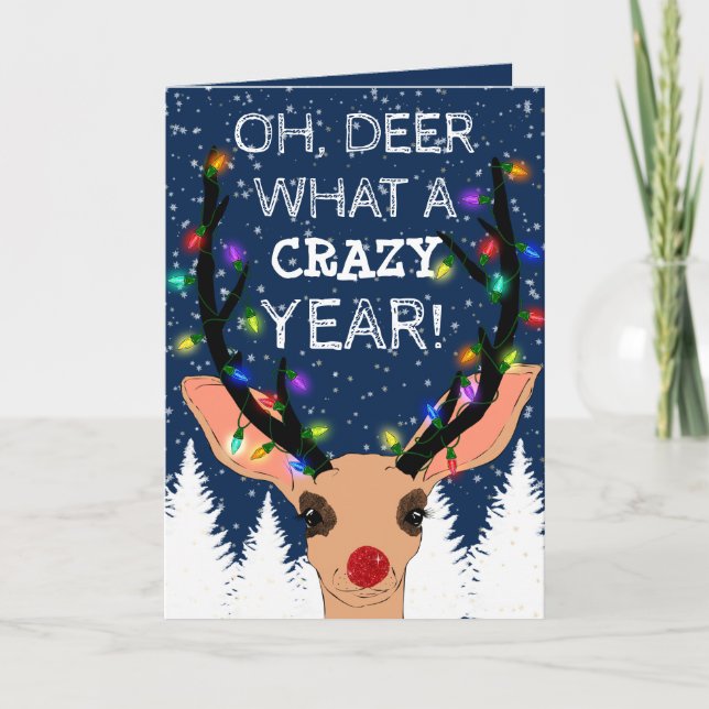Cartes Pour Fêtes Annuelles Oh Deer Crazy Année Lumières de rennes Noël (Devant)