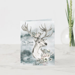 Cartes Pour Fêtes Annuelles Oh Deer, quelle année   Aquarelle Cerf avec fleurs