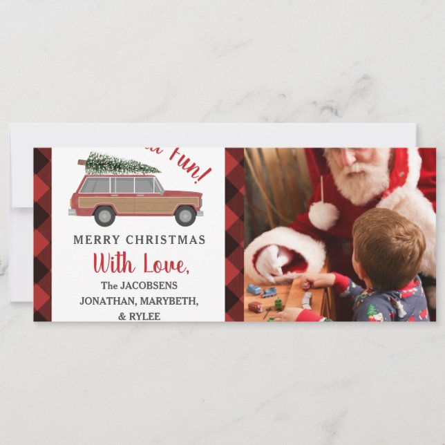 Cartes Pour Fêtes Annuelles Oh Quelle Amusement Chariot Bois Plaid Noël Photo (Devant)