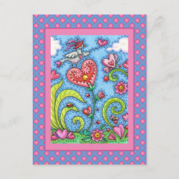 CARTES POUR FÊTES ANNUELLES OISEAU D'ART FOLK, VALENTINE HEARTS GARDEN