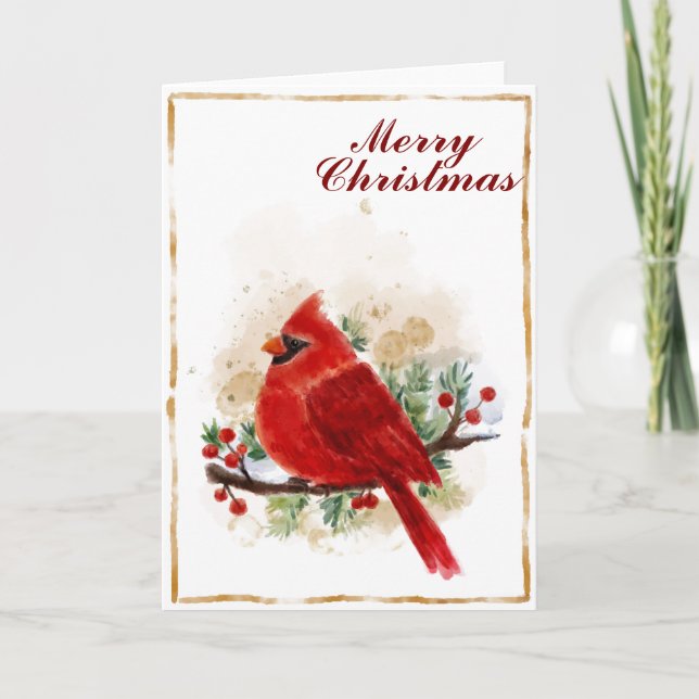 Cartes Pour Fêtes Annuelles Oiseau de cardinal de Noël d'aquarelle (Devant)