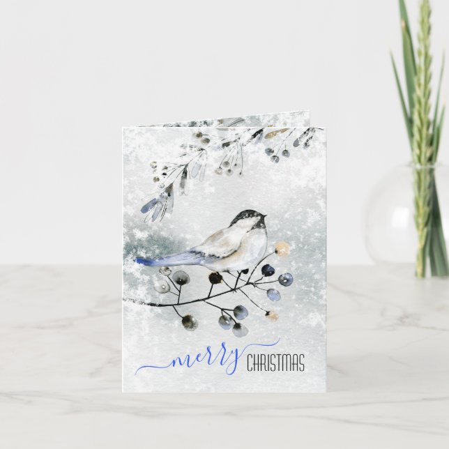 Cartes Pour Fêtes Annuelles Oiseau Sur Branche Neige Avec Berries Joyeux Noël (Devant)