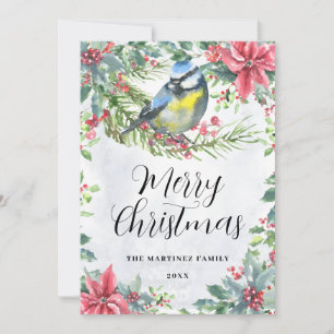 Cartes Pour Fêtes Annuelles Oiseau sur une branche Poinsettia Joyeux Noël