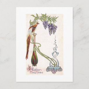 Cartes Pour Fêtes Annuelles Oiseau, vase et glycine Art nouveau Nouvel An