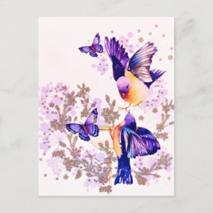Cartes Pour Fêtes Annuelles Oiseaux à l'aquarelle Fleurs Violet Paillettes