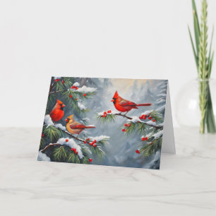 Cartes Pour Fêtes Annuelles Oiseaux cardinaux rouges aux baies sauvages