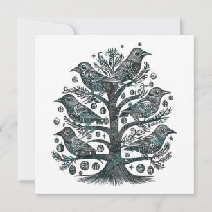 Cartes Pour Fêtes Annuelles Oiseaux de bois dans un arbre de Noël en bleu vert