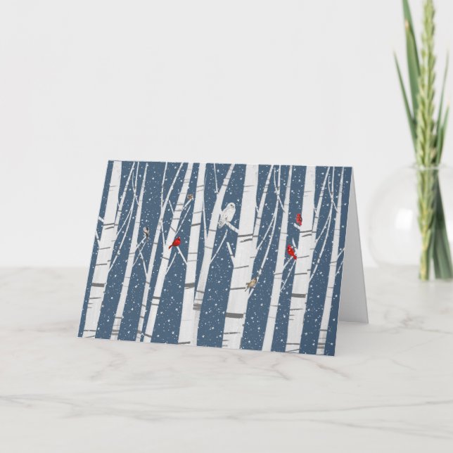 Cartes Pour Fêtes Annuelles Oiseaux d'hiver en forêt de bouleaux (Devant)