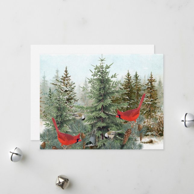 Cartes Pour Fêtes Annuelles Oiseaux d'hiver Forêt Cardinal Mésange Sittelle (Devant/Arrière en situation)
