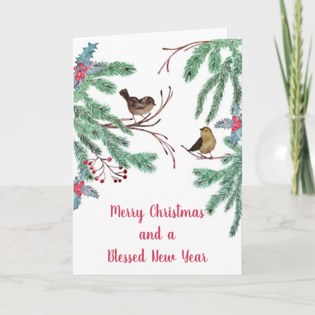 Cartes Pour Fêtes Annuelles Oiseaux et baies À feuillage persistant Feuilles N (Devant)