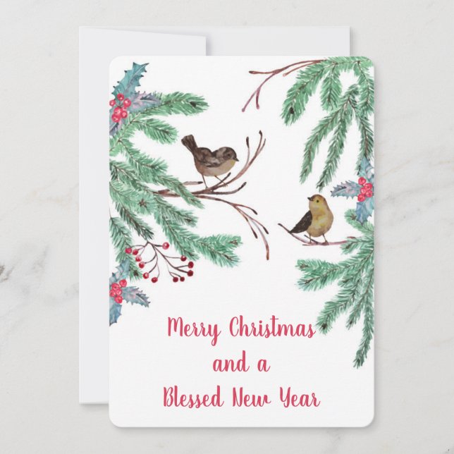 Cartes Pour Fêtes Annuelles Oiseaux et baies À feuillage persistant Feuilles N (Devant)