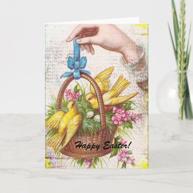 Cartes Pour Fêtes Annuelles Oiseaux jaunes dans un panier, Pâques (Devant)