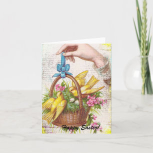 Cartes Pour Fêtes Annuelles Oiseaux jaunes dans un panier, Pâques