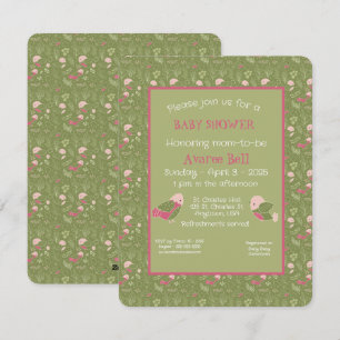 Cartes Pour Fêtes Annuelles Oiseaux mignons verts et roses Baby Girl Douche