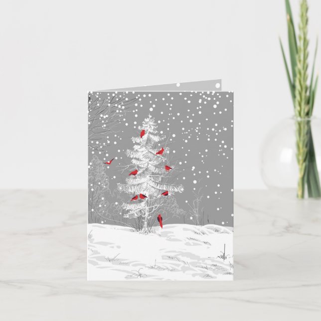 Cartes Pour Fêtes Annuelles Oiseaux rouges, Noël blanc (Devant)