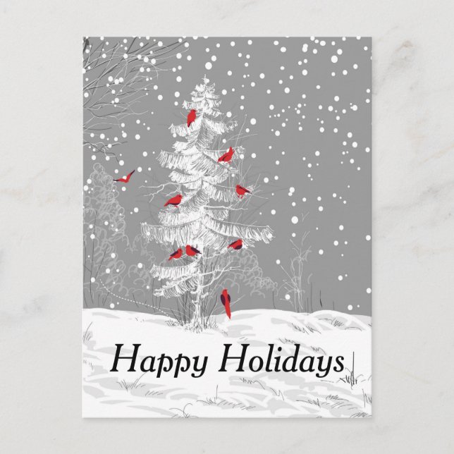 Cartes Pour Fêtes Annuelles Oiseaux rouges, Noël blanc, Joyeuses Fêtes, neige (Devant)