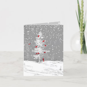 Cartes Pour Fêtes Annuelles Oiseaux rouges, Noël blanc, Pin neigeux, avec adre
