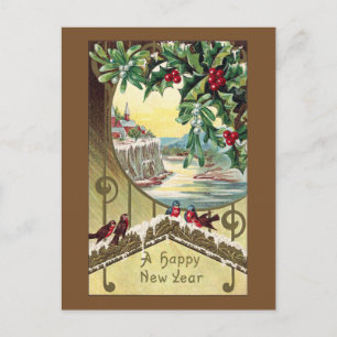Cartes Pour Fêtes Annuelles Oiseaux sous Holly et Mistletoe Nouvel An Vintage