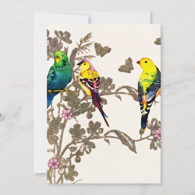 Cartes Pour Fêtes Annuelles Oiseaux verts Aquarelle florale Parties scintillan (Devant)