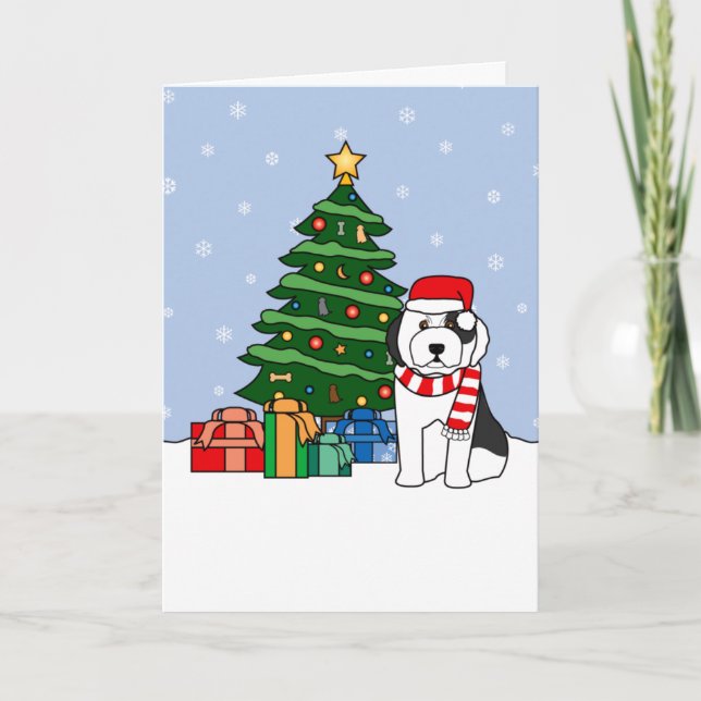 Cartes Pour Fêtes Annuelles Old English Sheepdog et sapin de Noël (Devant)