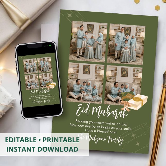 Cartes Pour Fêtes Annuelles Olive Green 4 Photo Collage Eid Mubarak Card (Créateur téléchargé)