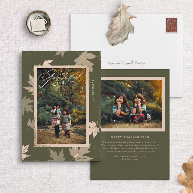 Cartes Pour Fêtes Annuelles Olive Green Gratte Fall Leaf Thankgiving Photo (Créateur téléchargé)