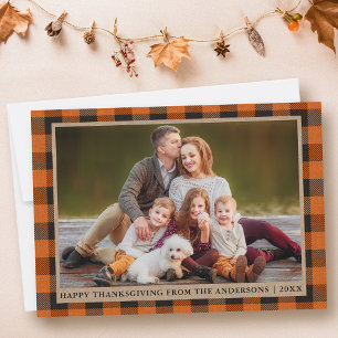 Cartes Pour Fêtes Annuelles Orange Plaid Bon thanksgiving Kraft Photo famille