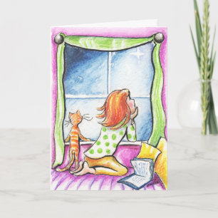 Cartes Pour Fêtes Annuelles Orange Tabby Chat n Fenêtre Fille Noël