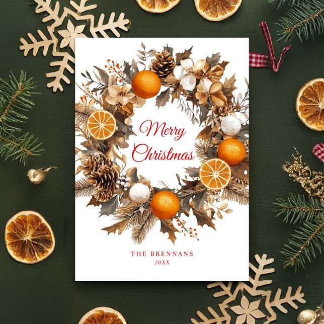 Cartes Pour Fêtes Annuelles Oranges séchées Citrus Wreath Élégant Noël (Dried Oranges Citrus Wreath Elegant Christmas Holiday Card)