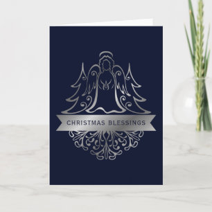 Cartes Pour Fêtes Annuelles Ornate Argent Ange Bénédiction de Noël Marine