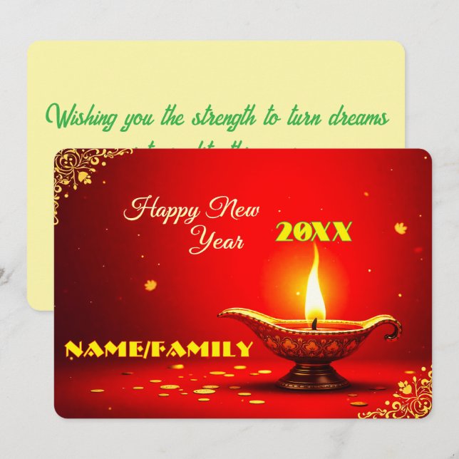 Cartes Pour Fêtes Annuelles Ornate Diya – Warm Golden New Year (Devant / Derrière)