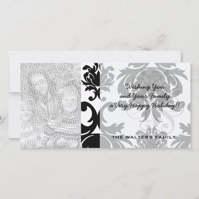 Cartes Pour Fêtes Annuelles orné formel noir blanc damassé (Devant)