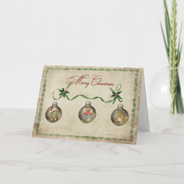 Cartes Pour Fêtes Annuelles Ornements de fêtes avec ruban vert (Devant)