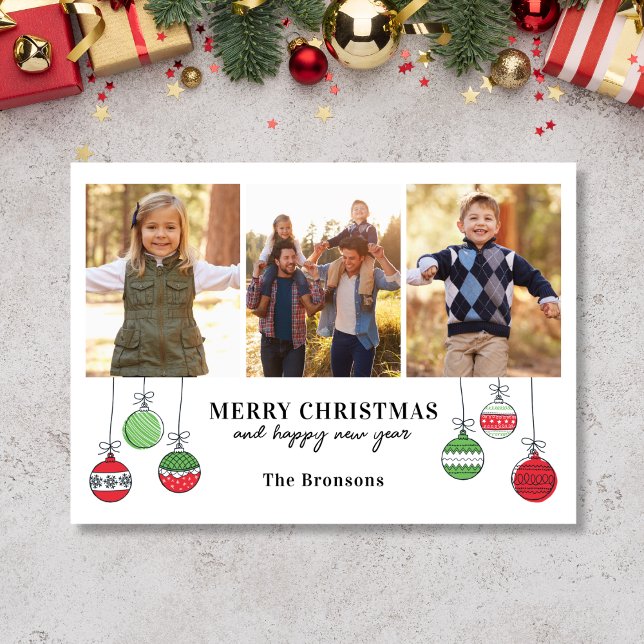 Cartes Pour Fêtes Annuelles Ornements de Noël rétro (3 photo Christmas Card with ornament doodles)
