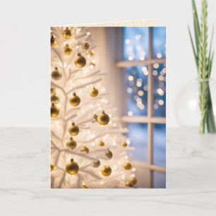 Cartes Pour Fêtes Annuelles Ornements D'Or Sur Un Arbre De Noël Blanc