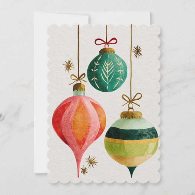 Cartes Pour Fêtes Annuelles Ornements Rétro de Noël à l'aquarelle  (Devant)