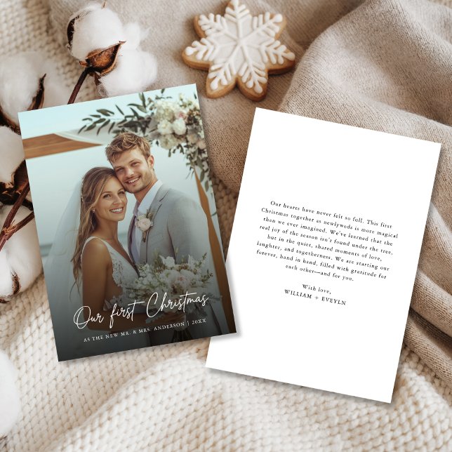 Cartes Pour Fêtes Annuelles Our First Christmas Elegant Beach Wedding Photo (Créateur téléchargé)