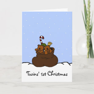 Cartes Pour Fêtes Annuelles Ours de jumeau dans le sac à Santa