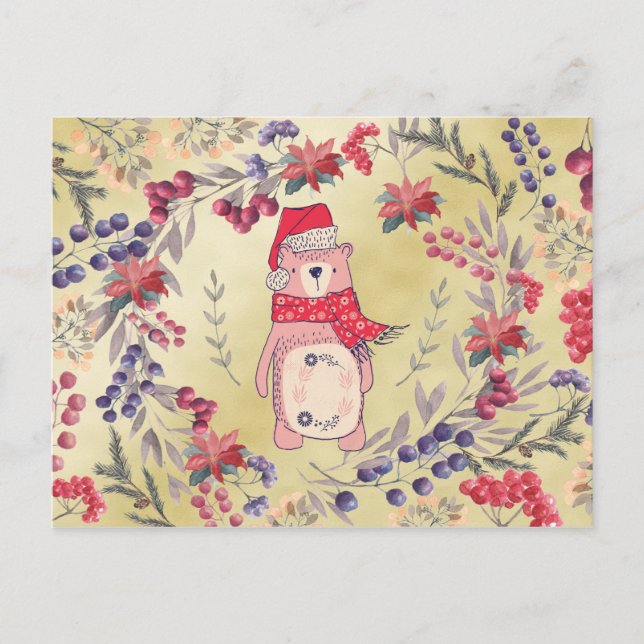 Cartes Pour Fêtes Annuelles Ours de Noël Aquarelle Berries Or (Devant)