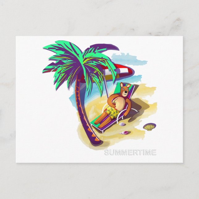 Cartes Pour Fêtes Annuelles Ours d'été relaxant sur la plage tropicale (Devant)