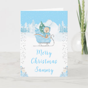 Cartes Pour Fêtes Annuelles Ours d'hiver bleu traîneau joyeux Noël