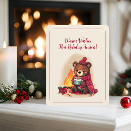 Cartes Pour Fêtes Annuelles Ours d'hiver douillet avec cheminée Cheval de Noël